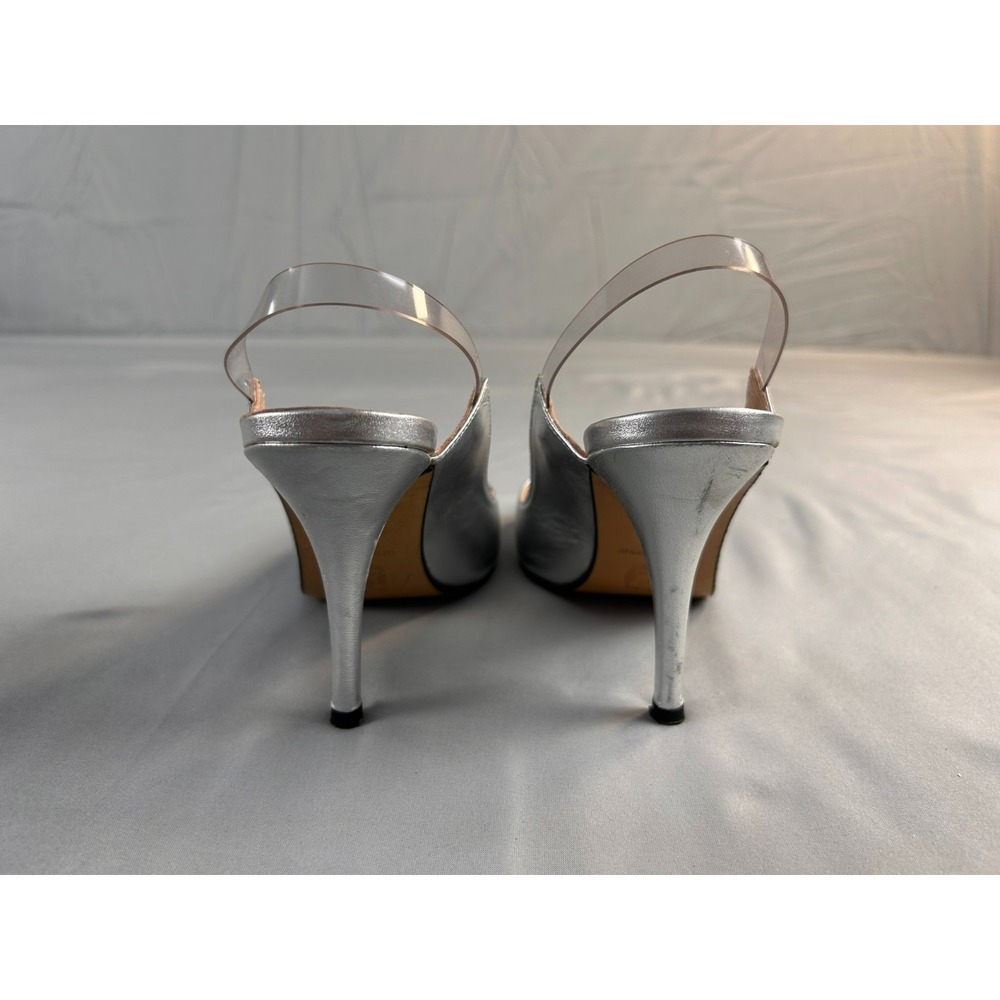 Charles David Amelie Women Heels Slingback 6.5 Silver Peep Toe Leather Spain - Picture 8 of 13